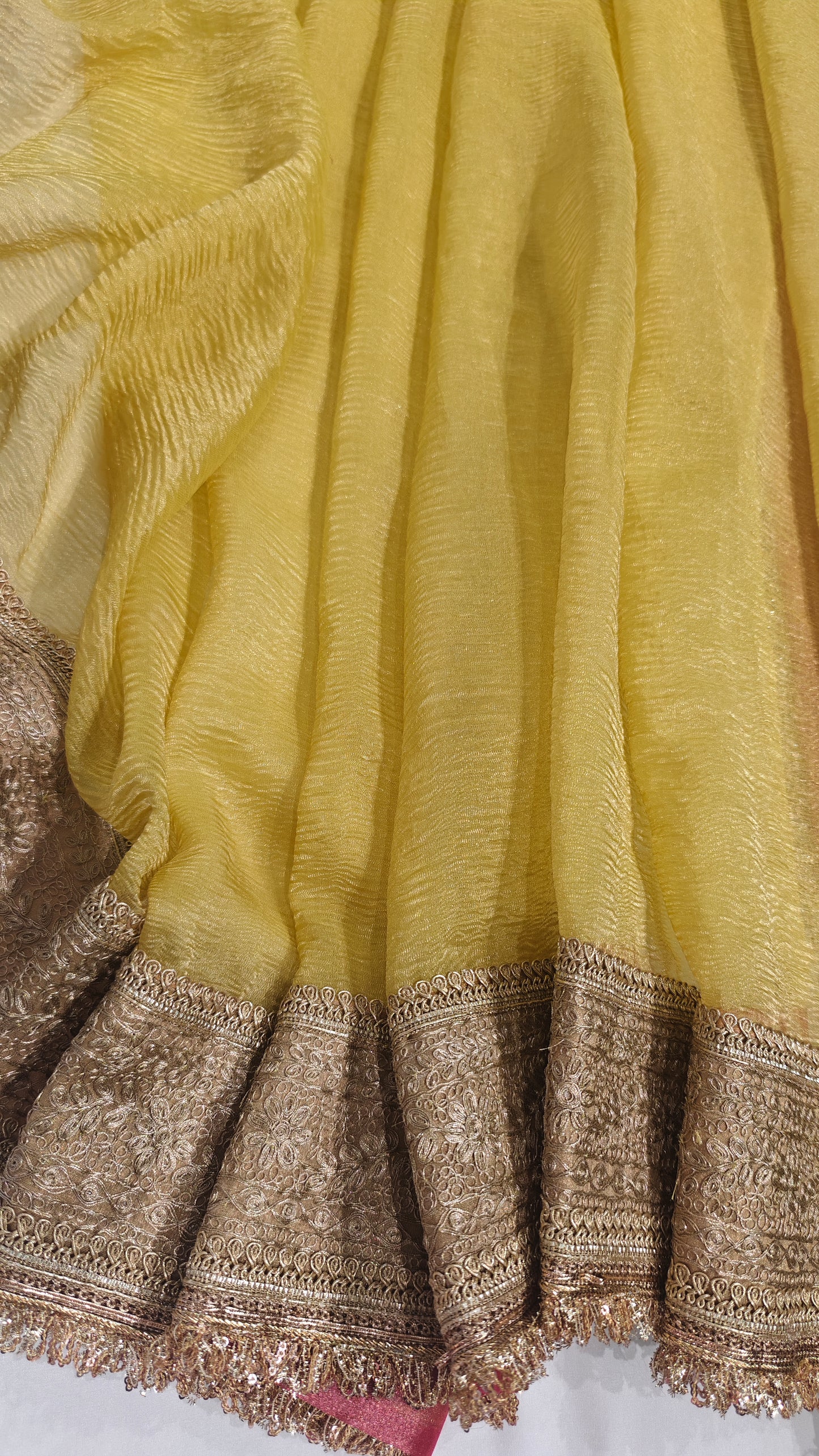 Atharva Heritage “Pure Crushed Tissue Silk Sari with Hand Pita Border & Kiran Lace – Yellow”