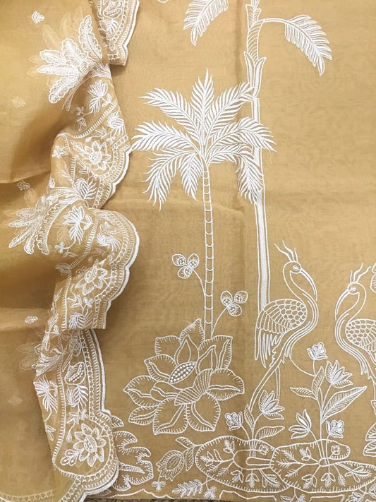 PURE MUL CHANDERI  kurta AND Dupatta PARSI GARA UNSTITCHED SUIT CH54237Y Yellow