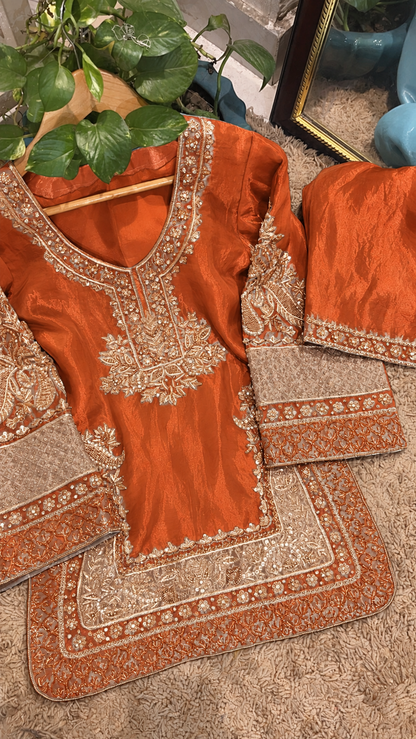 Atharva Heritage ✨Kerwachauth Special  – Pure SATIN organza 80 Grams Zardozi Ensemble Front Embroidery 3 Pc  ✨ PTSTHZ567