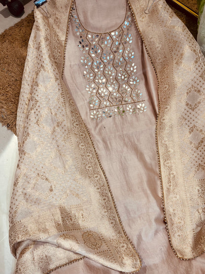 ATHARVA  Hand Embroidered Salwar Kameez w/ Embroidered Neck Beige/Banarsi Silk Dupatta/Bridal/Wedding/Custom Stitch/ CH1295