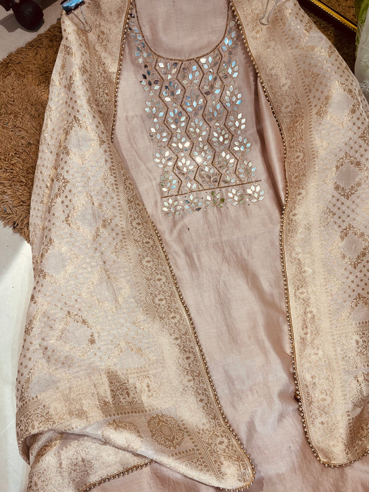 ATHARVA  Hand Embroidered Salwar Kameez w/ Embroidered Neck Beige/Banarsi Silk Dupatta/Bridal/Wedding/Custom Stitch/ CH1295