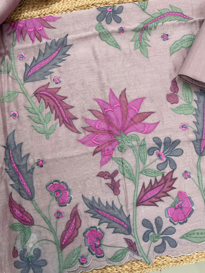Atharva Heritage/Pure Mul Chanderi Shirt & Dupatta/ Hand Applique/Cutwork with Thread Embroidery/Cotton Silk  Bottom/CUT80390