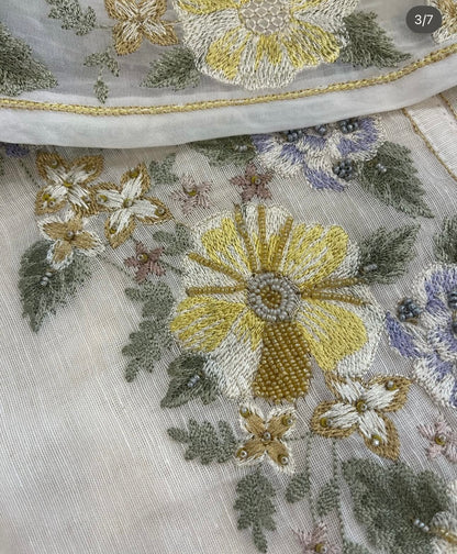 ATHARVA HERITAGE PURE MUL CHANDERI SILK  PARSI GARA SUIT MCH0012 Ivory
