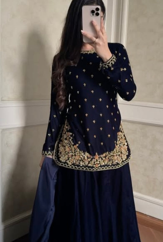 Atharva Heritage Royal Blue Pure Silk Velvet Garara Set with Hanzardozi Embroidery 181331921