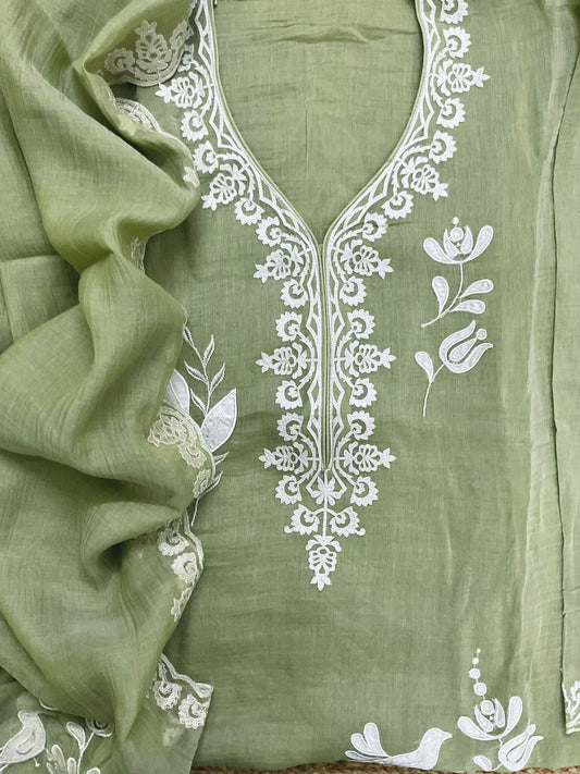 Atharva Heritage/Pure Mul Chanderi Shirt & Dupatta/French Thread Embroidery With Hand Applique /Cotton Silk  Bottom/CUT80371 Green
