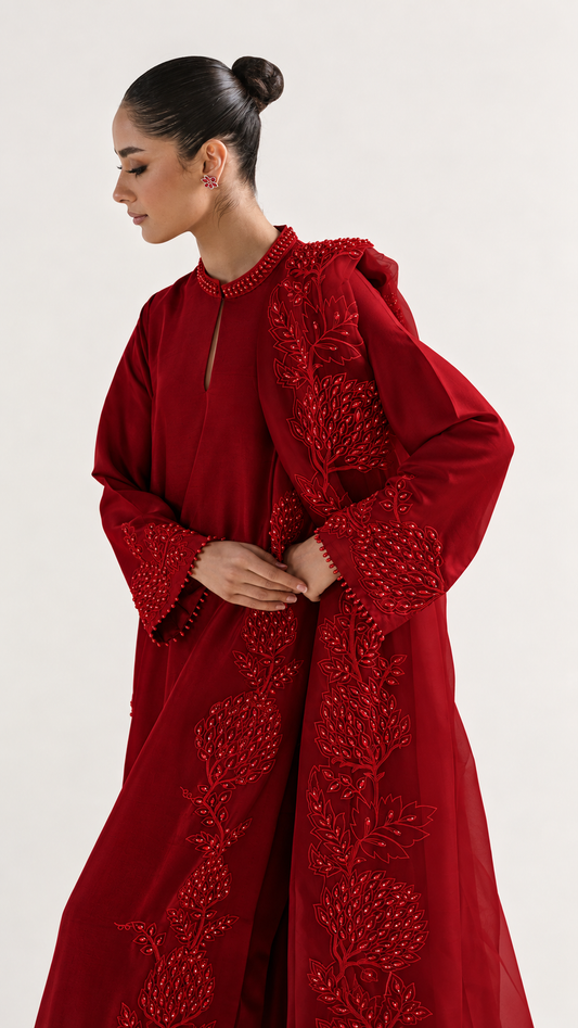 Atharva Heritage Sheer Luxury Pure Silk Ready to Wear Pakistani Suit SLP0012 Deep Red
