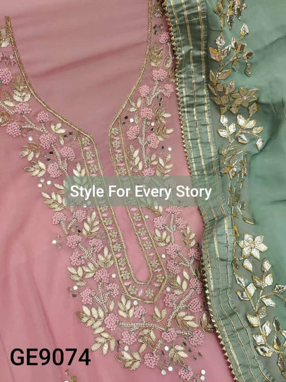 ATHARVA Hand Embroidered Salwar Kameez w/ Pink Georgette Shirt/Gota Pati Georgette Pistachio Color Dupatta/Custom Stitch Unstitch/Custom Anarkali/GE9074 Pink n pistachio