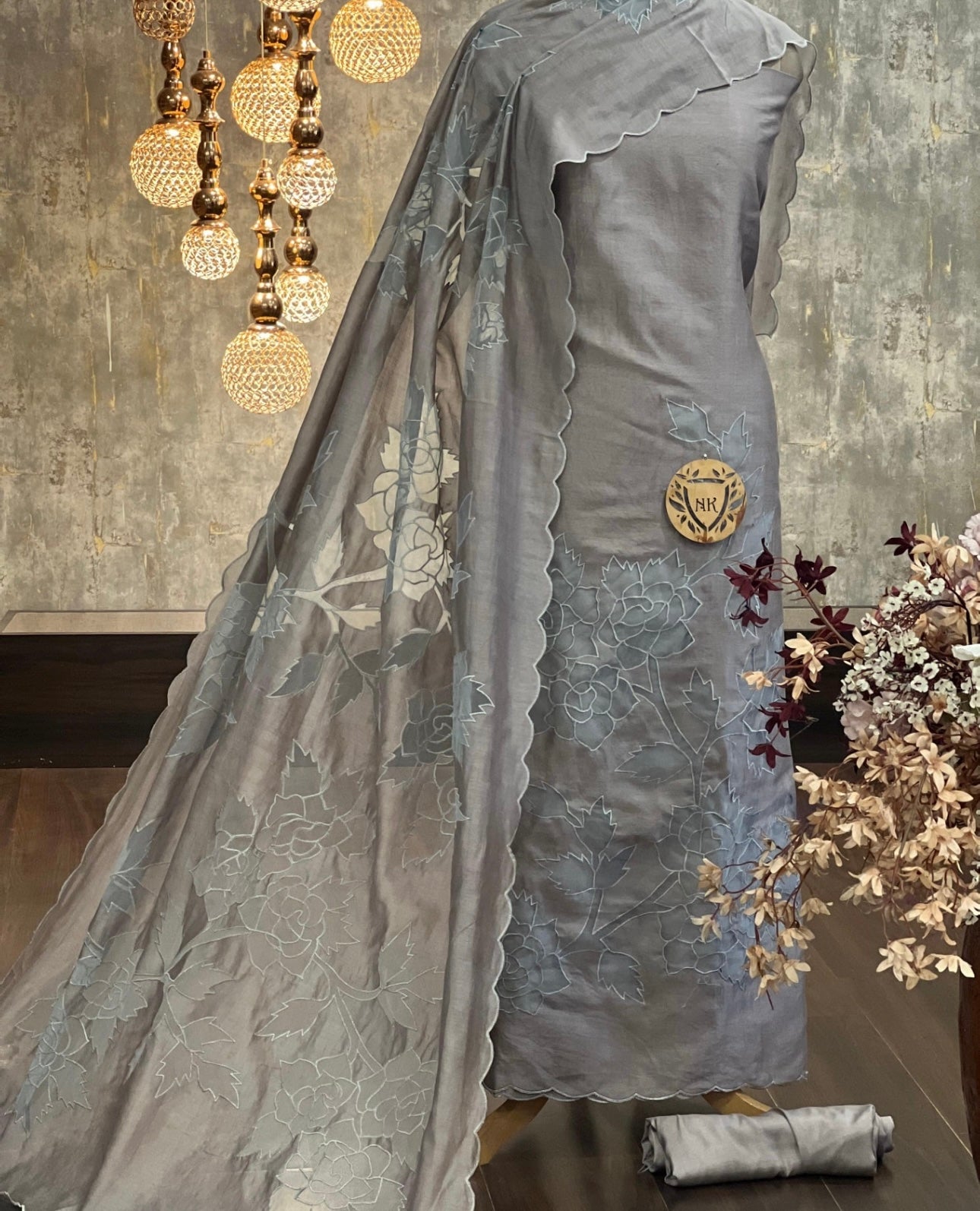 ATHARVA HERITAGE Hand CUTWORK Embroidery Salwar Kameez/Pure Chanderi Shirt & Dupatta/Santoon Bottom/CUT80367 Grey