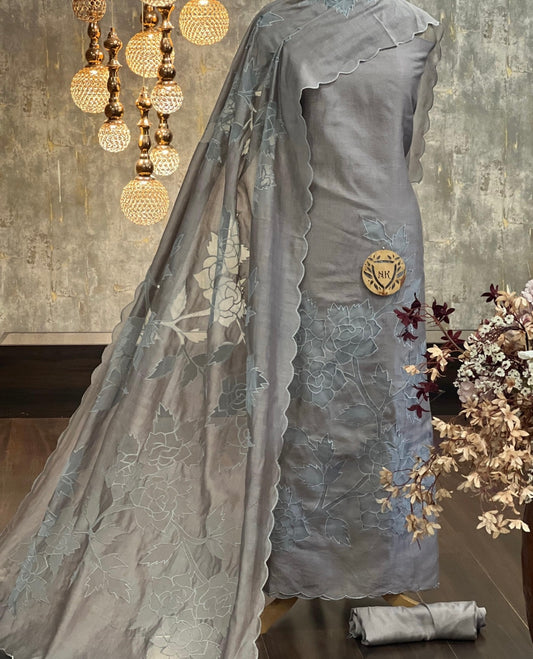 ATHARVA HERITAGE Hand CUTWORK Embroidery Salwar Kameez/Pure Chanderi Shirt & Dupatta/Santoon Bottom/CUT80367 Grey