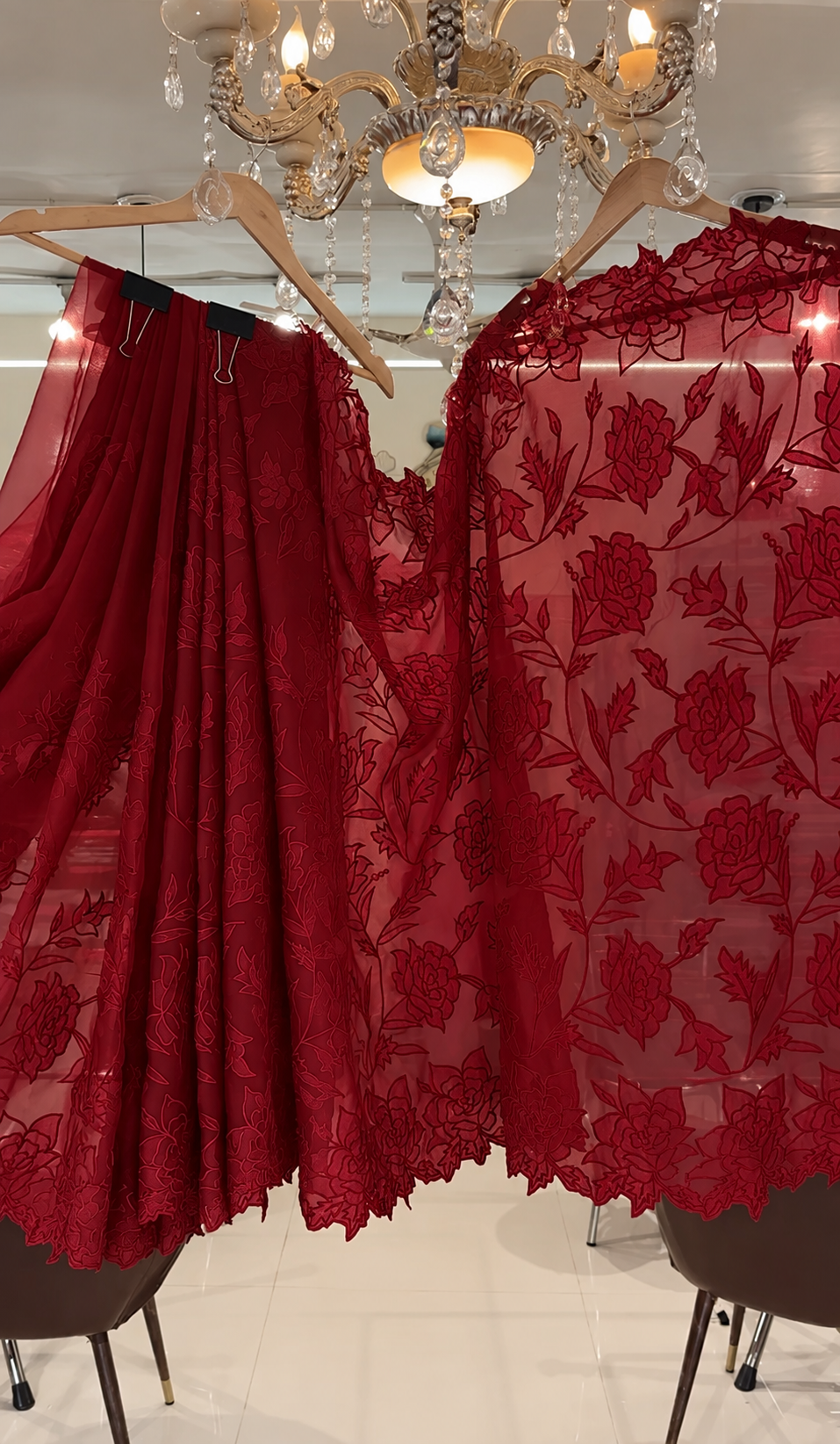 Atharva Heritage Sheer LuxuryPure Silk Organza Hand Applique Deep Red Saree AH-001(D)