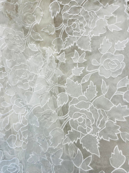 SHEER LUXURY PURE SILK ORGANZA PARSI APPLIQUE SUIT SHEER0030(H) Pearl White