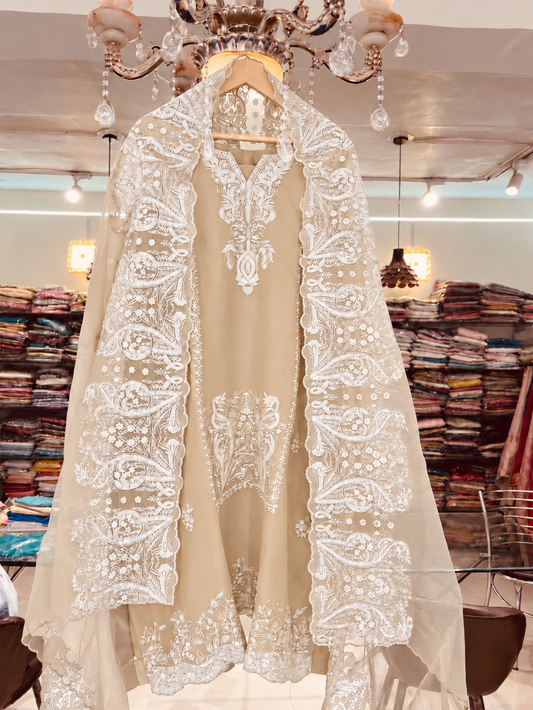 Atharva Heritage Pure Silk Organza French Thread Monochrome Embroidered unstitched Pakistani Suit SLP001