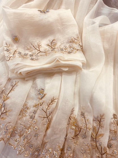 Atharva Heritage Ivory Pure Silk Organza Saree – Trousseau Collection | 400+ Hours Hand-Embroidered Luxury RLS178