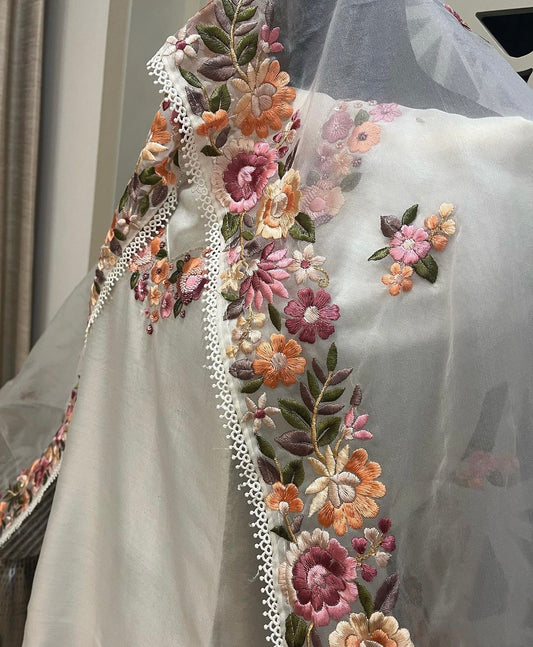 PURE CHANDERI SILK AND ORGANZA EDITS CHO001C Cream