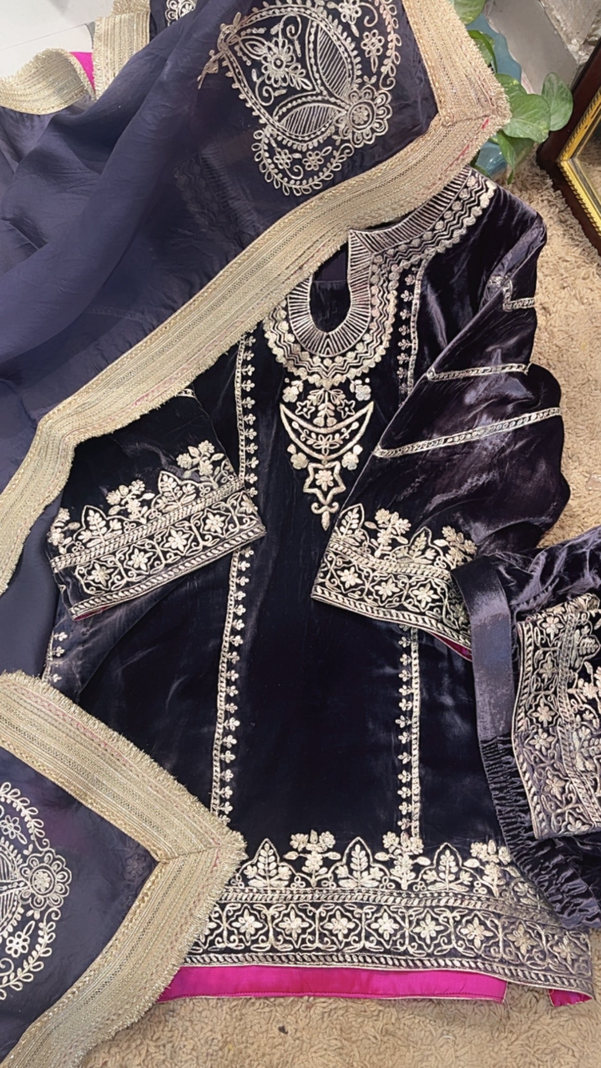 Atharva Heritage Pure Silk Velvet Violet Color Pakistani Co-ord Set with All-Over Pita Embroidery & Organza Dupatta AH181331345