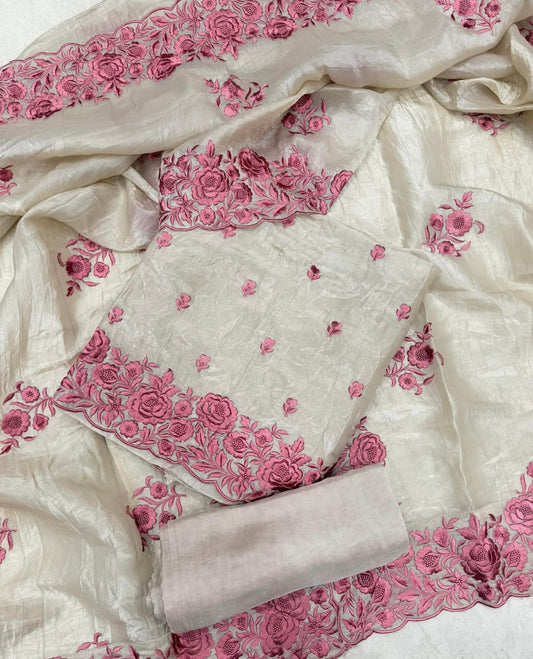 PURE MUL CHANDERI  kurta AND Dupatta PARSI GARA UNSTITCHED SUIT CH54236 Ivory and Dusty Pink