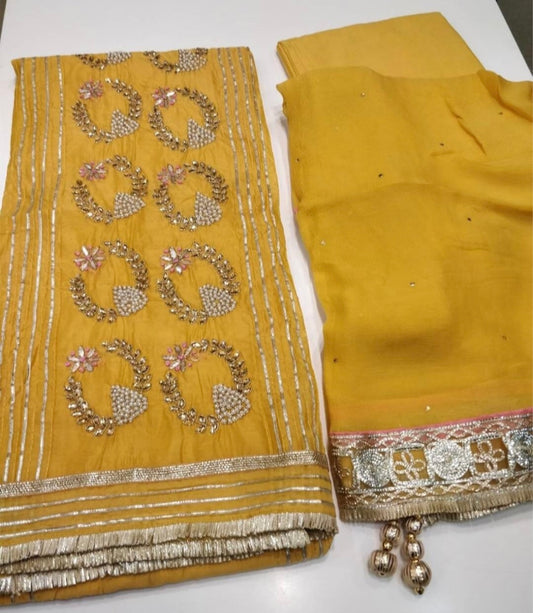 ATHARVA Hand Embroidered Salwar Kameez w/ Yellow Chanderi Shirt/Gota Pati Chiffon Dupatta/Custom Stitch Unstitch/Custom Anarkali/CH1802