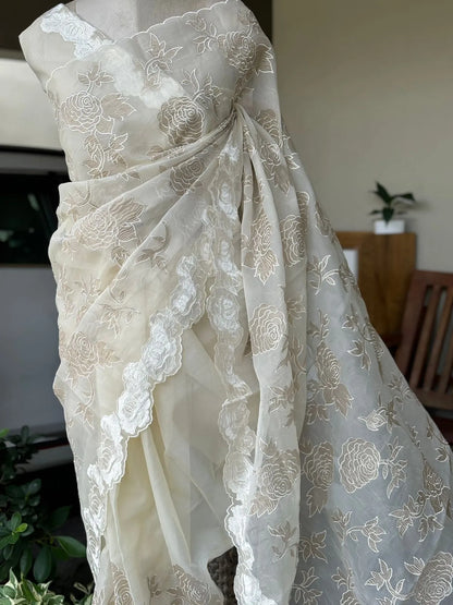 Atharva Heritage Sheer Luxury Pure Silk Organza Hand Applique With Pure Crush Tissue Saree SLHACT176