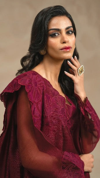 Atharva Heritage Monochrome Élan – Pure Satin Organza Hand-Appliqué Pakistani Suit