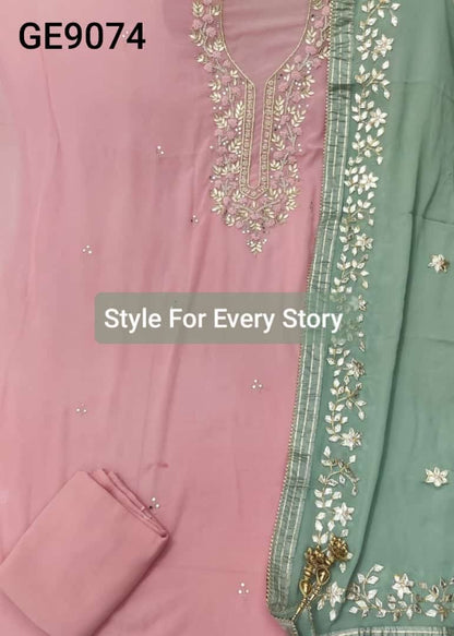 ATHARVA Hand Embroidered Salwar Kameez w/ Pink Georgette Shirt/Gota Pati Georgette Pistachio Color Dupatta/Custom Stitch Unstitch/Custom Anarkali/GE9074 Pink n pistachio