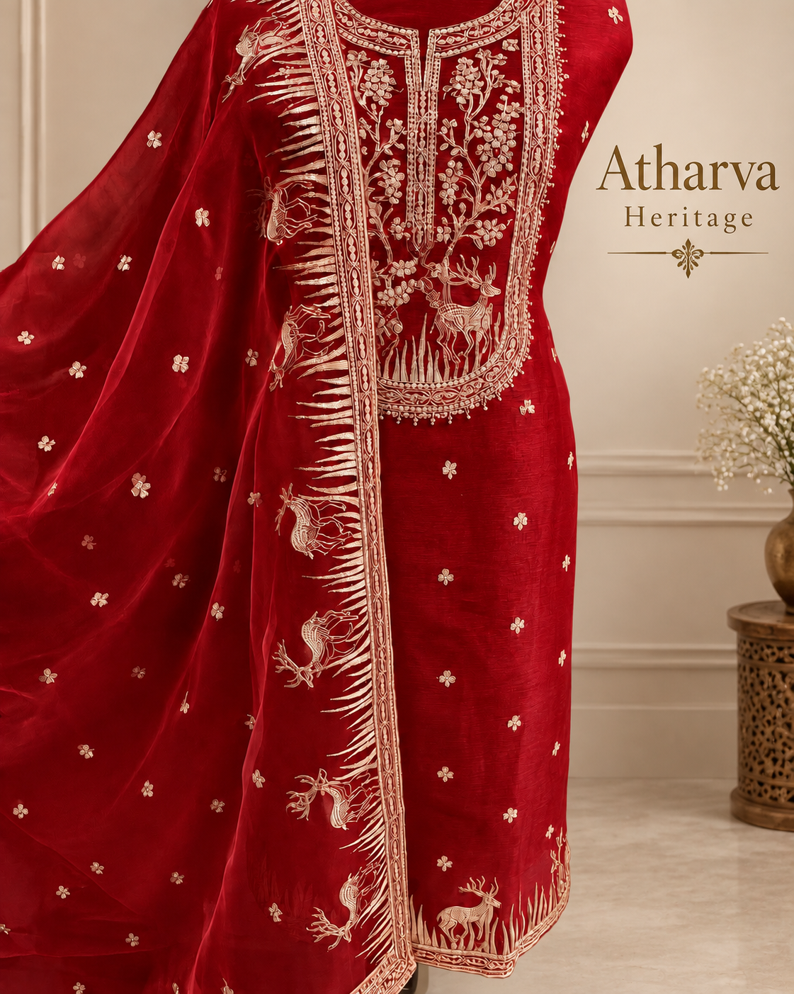 Atharva Heritage Sheer Luxury Pure Satin Organza 80 Grams Kurta and Pure Silk Organza Dupatta Tilla Pitta Embroidered Suit AH1318917