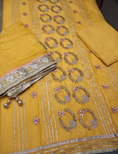 ATHARVA Hand Embroidered Salwar Kameez w/ Yellow Chanderi Shirt/Gota Pati Chiffon Dupatta/Custom Stitch Unstitch/Custom Anarkali/CH1802