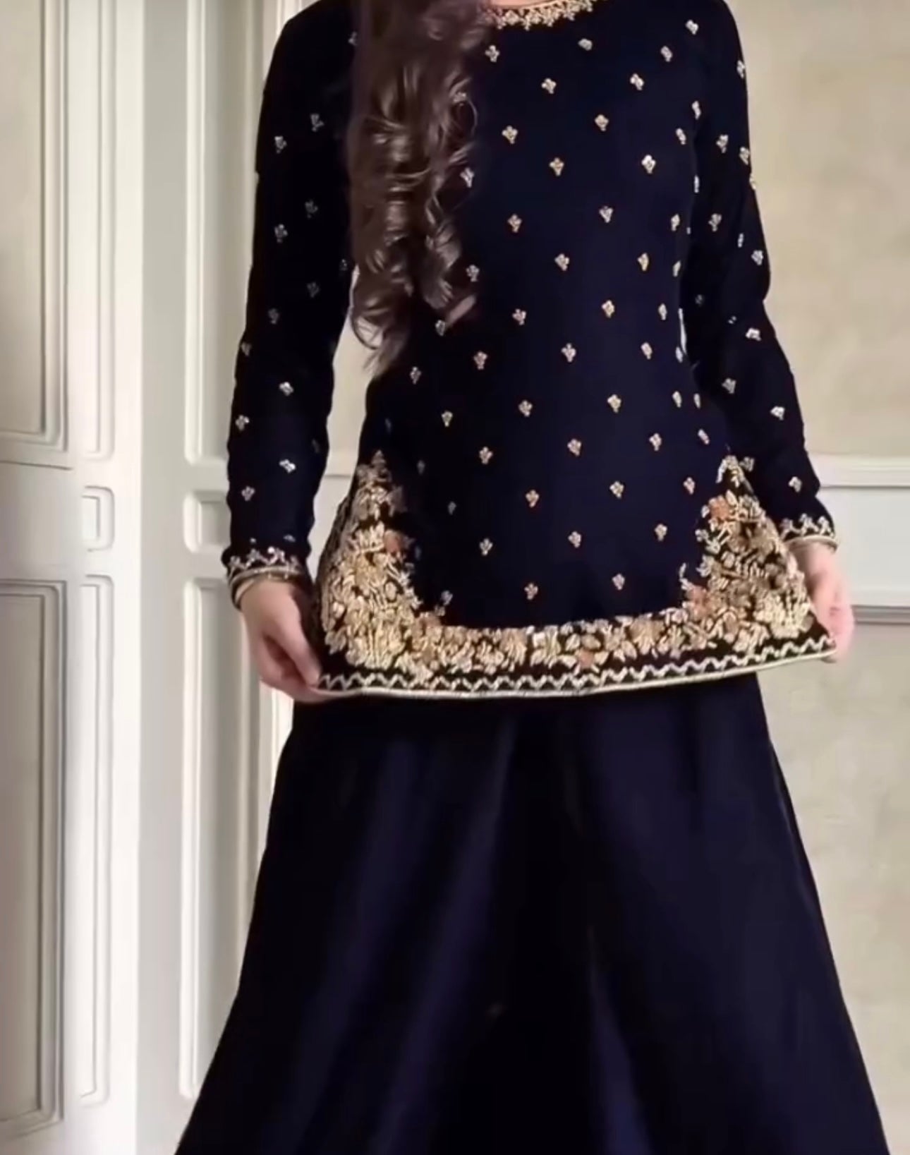 Atharva Heritage Royal Blue Pure Silk Velvet Garara Set with Hanzardozi Embroidery 181331921