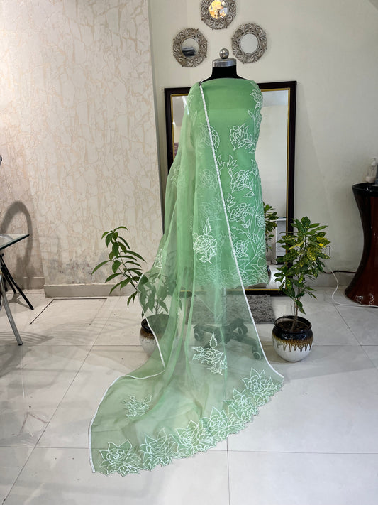 Atharva Heritage SHEER LUXURY PURE SILK ORGANZA HAND APPLIQUE UNSTITCHED SUIT SHEER001G