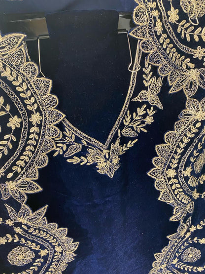 Atharva Heritage Royal Blue Silk Velvet Suit Set with Pita Tilla Embroidery | Unstitched Luxury Maharani Ensemble
