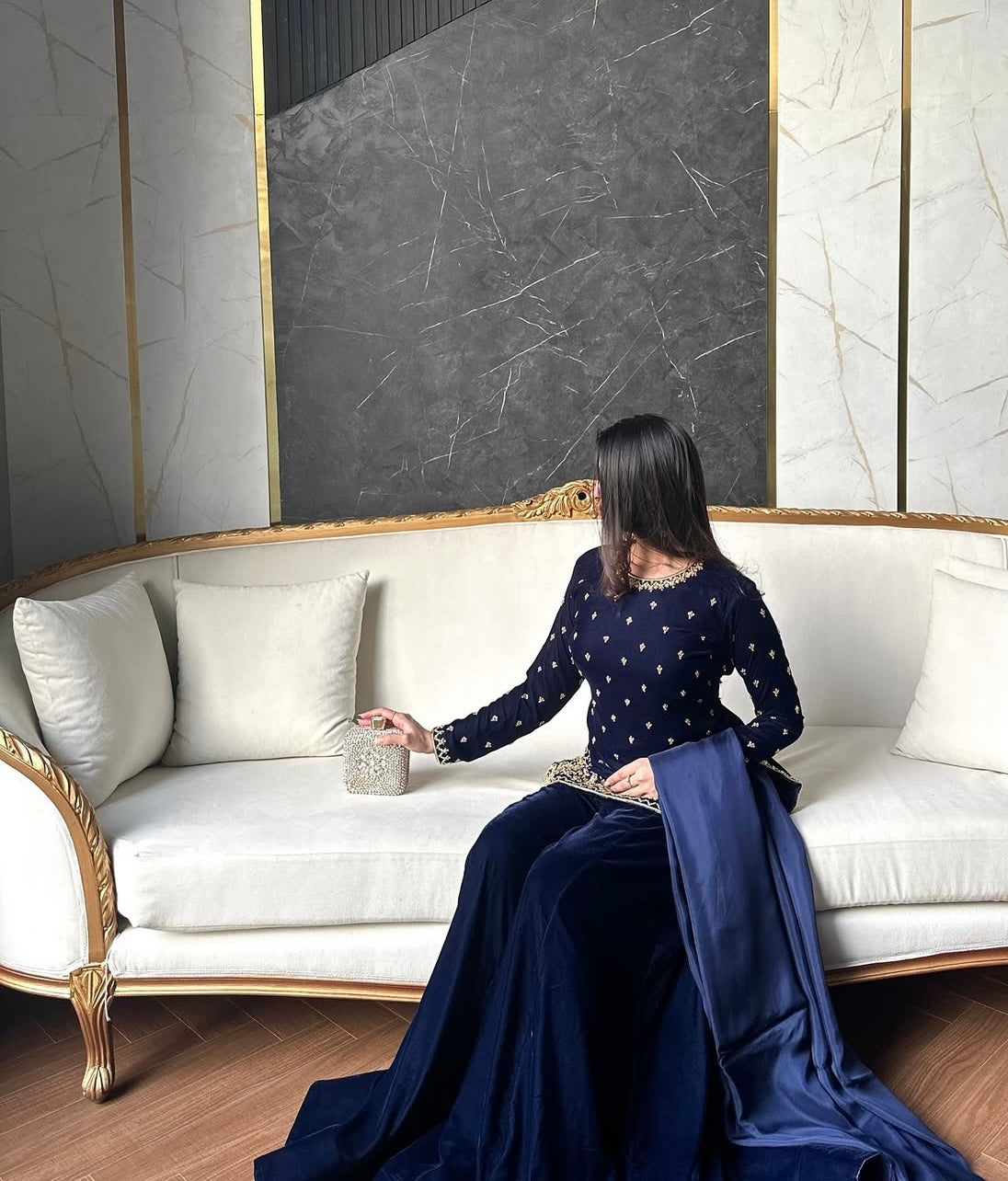 Atharva Heritage Royal Blue Pure Silk Velvet Garara Set with Hanzardozi Embroidery 181331921