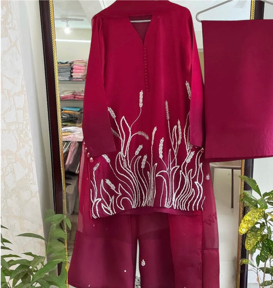 Atharva Heritage Pure Raw Silk Kurta Set with Satin Silk Farshi Salwar & Organza Dupatta – Hand Embroidered PRFS0056