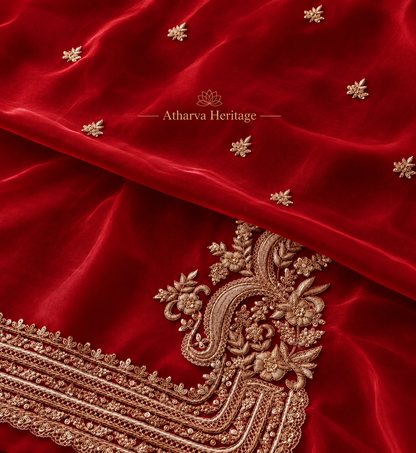 Atharva Heritage ✨Kerwachauth Special  – Pure SATIN organza 80 Grams Zardozi Ensemble Front Embroidery 3 Pc  ✨ PTSTHZ567