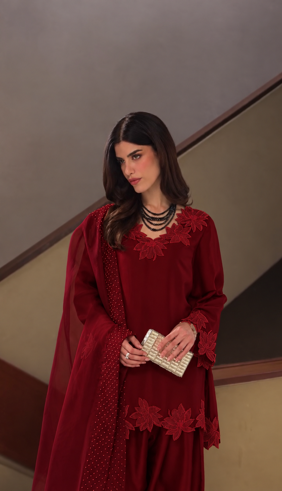 Atharva Heritage – Hand-Embroidered Pure Silk Farshi Salwar 3 Pc Pakistani Coord set  with Pearl & Katdana Detailing AHSS1561