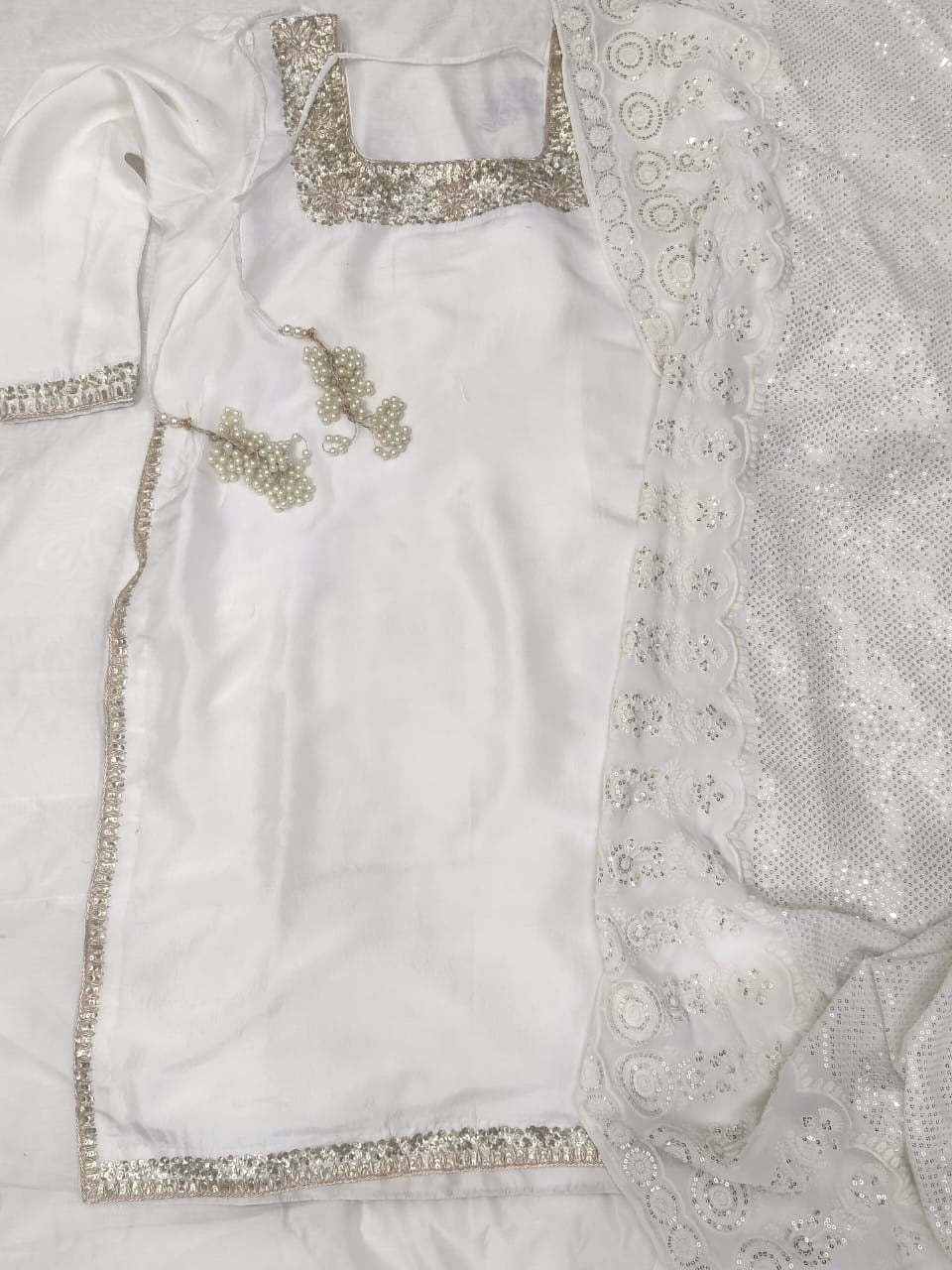 Atharva Heritage Pearl White Hand-Embroidered Raw Silk Pakistani Suit | Custom Stitched up to 9XL PRA001