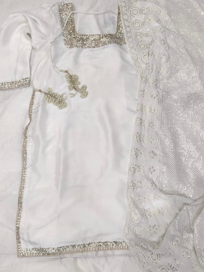 Atharva Heritage Pearl White Hand-Embroidered Raw Silk Pakistani Suit | Custom Stitched up to 9XL PRA001