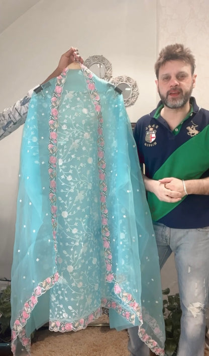 Atharva Heritage 	The Sky Blue Muse – Pure Silk Organza Elegance SOPG162