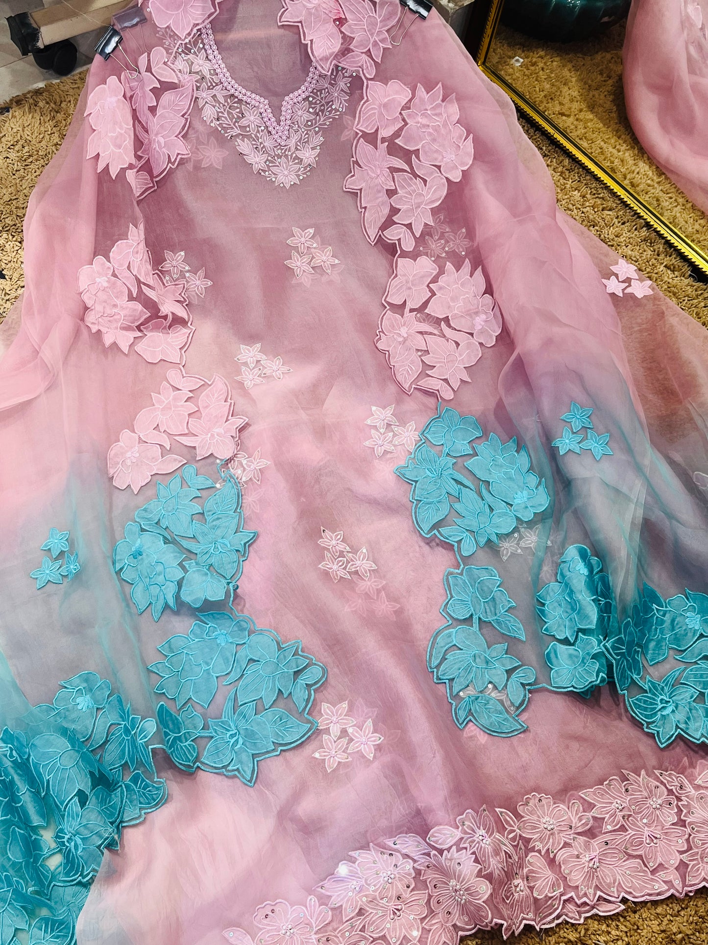 Sheer Luxury Pakistani Appliqué Suit PL0015LT Lavender with Turquoise