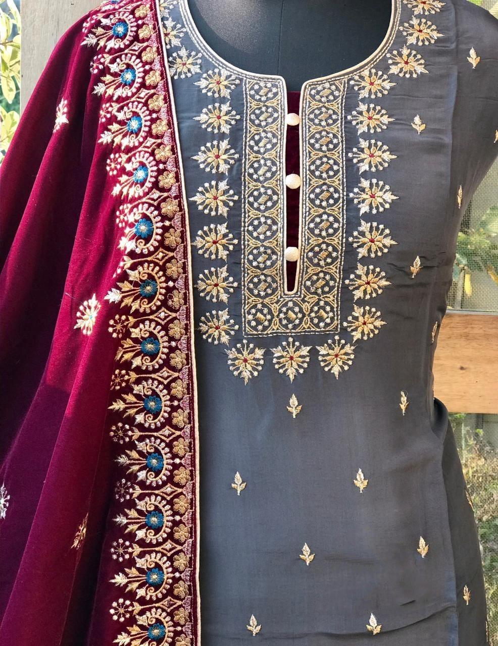 Atharva Heritage/Kashmiri Embroidered The Winter silk kurta with Velvet dupatta 2024 Edits EM1035(B)