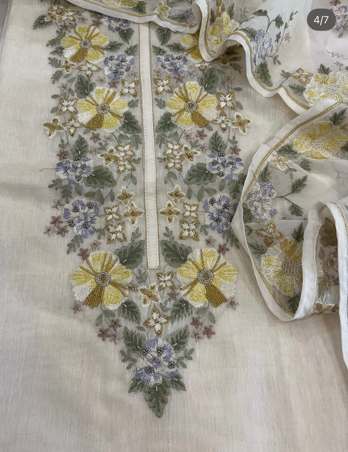 ATHARVA HERITAGE PURE MUL CHANDERI SILK  PARSI GARA SUIT MCH0012 Ivory