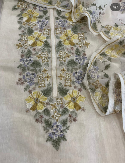 ATHARVA HERITAGE PURE MUL CHANDERI SILK  PARSI GARA SUIT MCH0012 Ivory