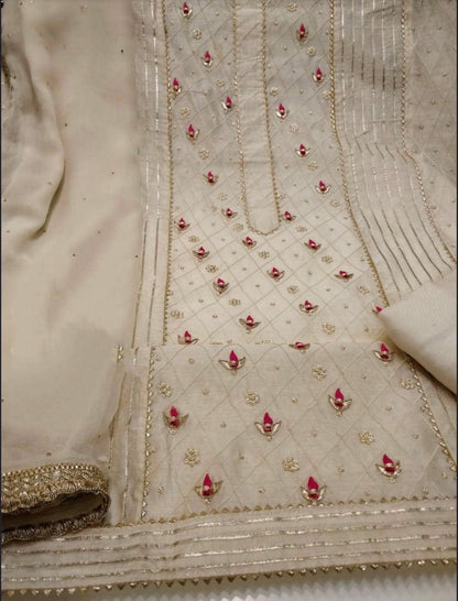 ATHARVA Hand Embroidery Salwar Kameez Beige/Chiffon Dupatta With Stone & Trim/Custom Stitch Unstitch/Gift/Patiala/Anarkali/Churridar/CH1731