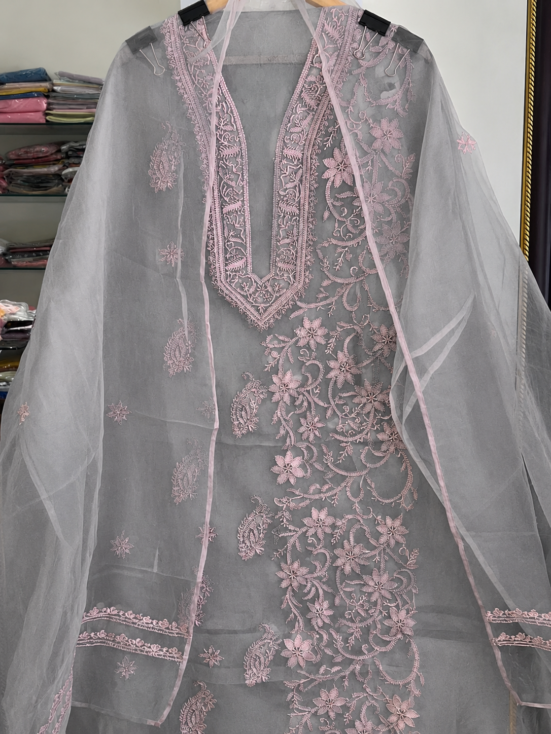 Atharva Heritage Sheer Luxury “Handcrafted 2-Taar Shadow Lucknowi Embroidered Suit – Pure Silk Organza | Limited Edition AH-1813-3198