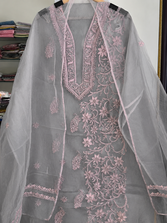 Atharva Heritage Sheer Luxury “Handcrafted 2-Taar Shadow Lucknowi Embroidered Suit – Pure Silk Organza | Limited Edition AH-1813-3198
