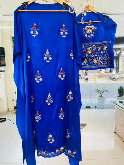 Sheer Luxury Pure Silk 80 Grams Kashmiri Embroidered Pakistani unstitched Kurta With Bottom  SLP0011 Royal Blue