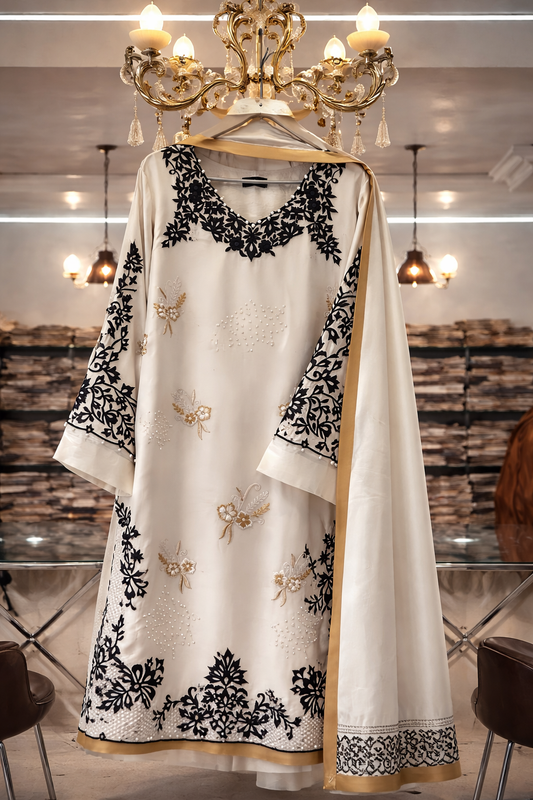 Atharva Heritage White Pure Satin Silk Pakistani Suit with Multi-Technique Embroidery & Tissue Facing Detailing – Custom Stitching Available (S–9XL) AH181331916