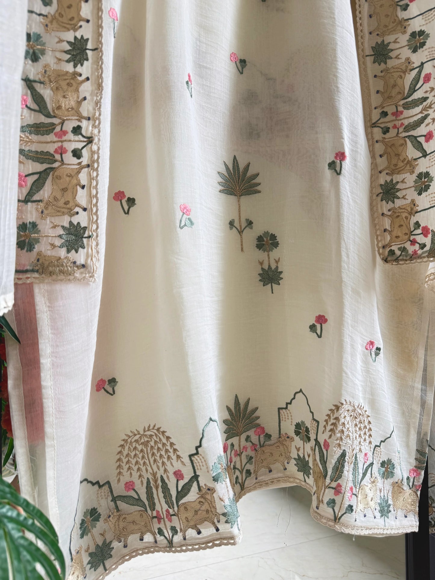 Atharva Frech Thread Pichwai motifs  Embroidered Pure Mul Chanderi Hand woven  edits MC70015  Ivory