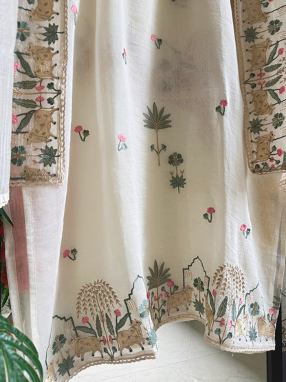 Atharva Frech Thread Pichwai motifs  Embroidered Pure Mul Chanderi Hand woven  edits MC70015  Ivory