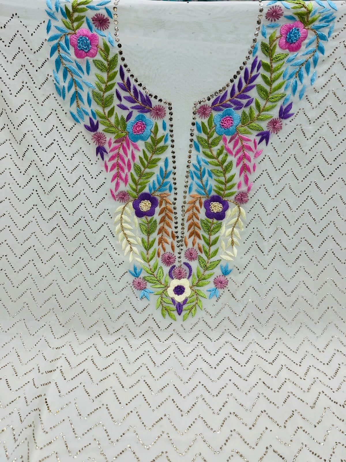 Ivory Hand  Mukaish Kamdani Hand Parsi Gara Neckline Suit CHG0071