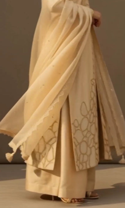 Atharva Heritage Noor Beige Monochrome Hand-Embroidered Raw Silk A-Line Suit AH13183157