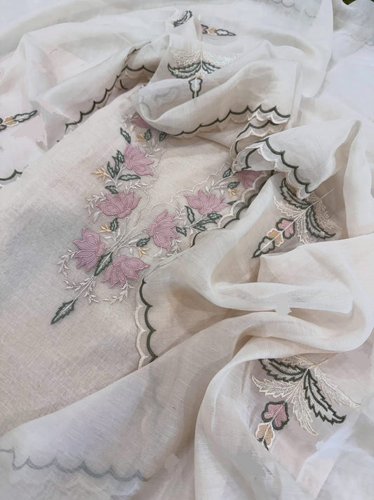 Atharva Heritage PURE CHANDERI SILK Hand Applique and Thread Embroidered SUIT MCH0086P Pink